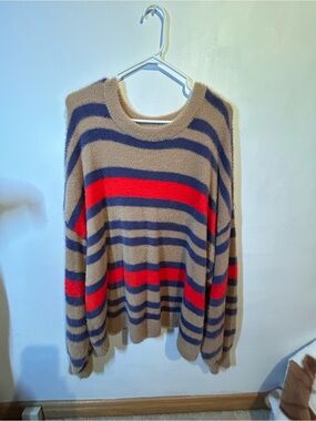 aerie Striped Scoopneck Sweater - Tan, Blue & Red